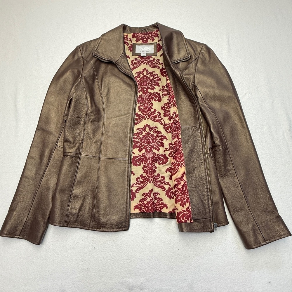 Wilsons Leather Maxima Womens Metallic Bronze Leather Jacket Damask Lining M